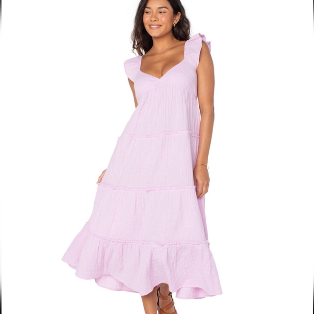 ROXY Palmy Days Tiered Cotton Midi Dress Orchid Bouquet Size XL